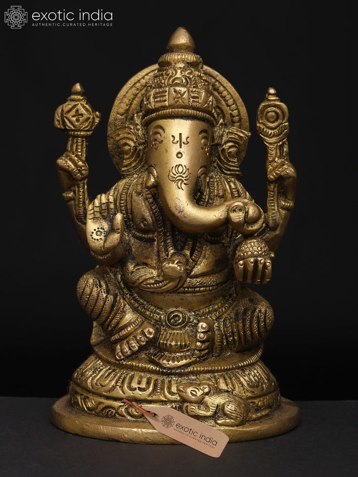 5" Four Armed Ganesha Brass Statue for Pooja