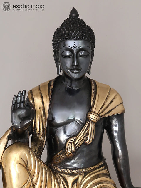 30" Large Black and Gold Buddha Seated in Vitark Mudra | Brass Statue