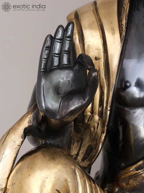30" Large Black and Gold Buddha Seated in Vitark Mudra | Brass Statue