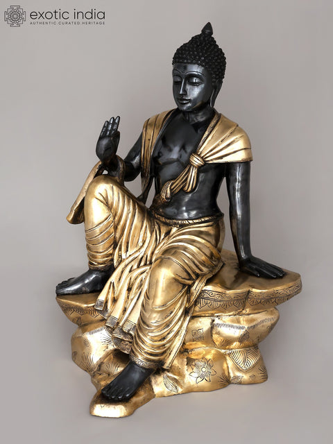 30" Large Black and Gold Buddha Seated in Vitark Mudra | Brass Statue