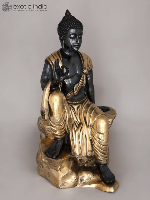 30" Large Black and Gold Buddha Seated in Vitark Mudra | Brass Statue