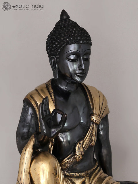 30" Large Black and Gold Buddha Seated in Vitark Mudra | Brass Statue