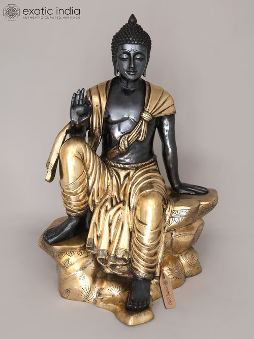 30" Large Black and Gold Buddha Seated in Vitark Mudra Brass Statue