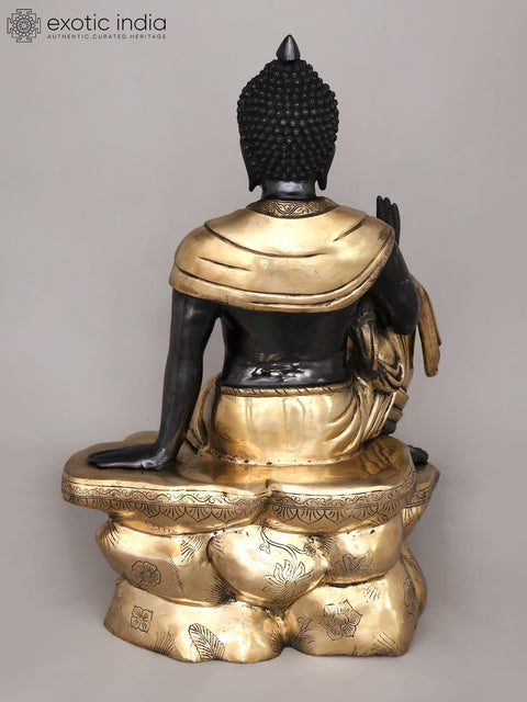 30" Large Black and Gold Buddha Seated in Vitark Mudra | Brass Statue