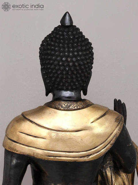 30" Large Black and Gold Buddha Seated in Vitark Mudra | Brass Statue