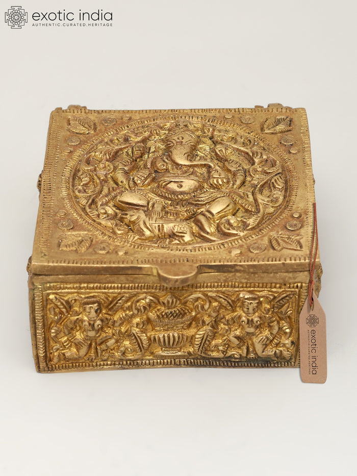 4" Small Brass Storage Box with Ganesha Carving for Pooja