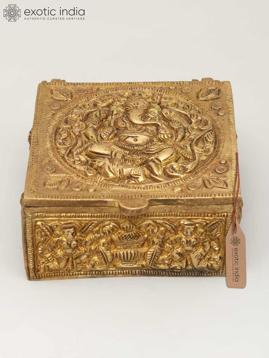 4" Small Brass Storage Box with Ganesha Carving for Pooja