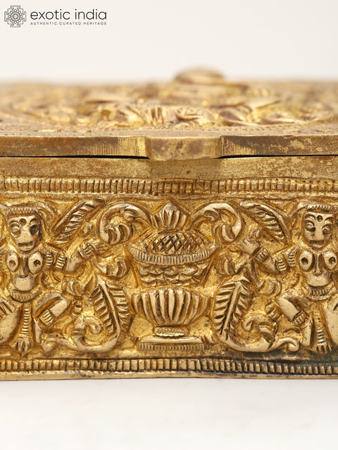 4" Small Brass Storage Box with Ganesha Carving on Top | Brass Ritual Item