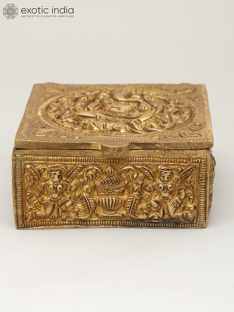 4" Small Brass Storage Box with Ganesha Carving on Top | Brass Ritual Item