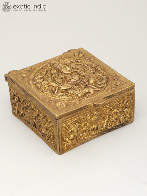 4" Small Brass Storage Box with Ganesha Carving on Top | Brass Ritual Item