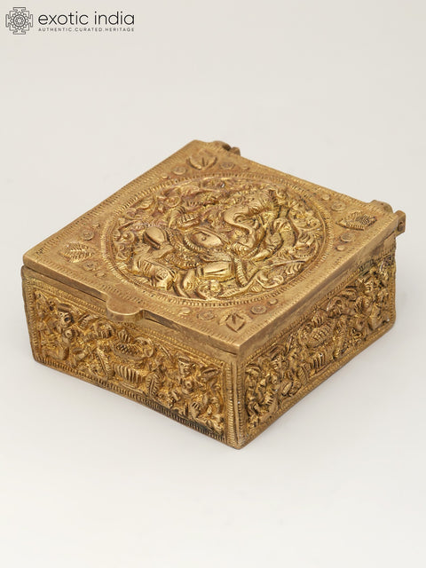 4" Small Brass Storage Box with Ganesha Carving on Top | Brass Ritual Item