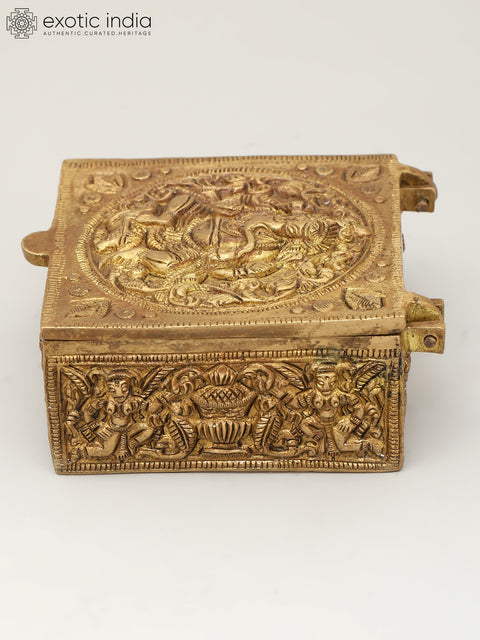 4" Small Brass Storage Box with Ganesha Carving on Top | Brass Ritual Item
