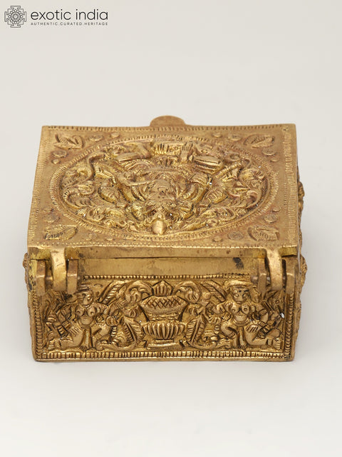 4" Small Brass Storage Box with Ganesha Carving on Top | Brass Ritual Item