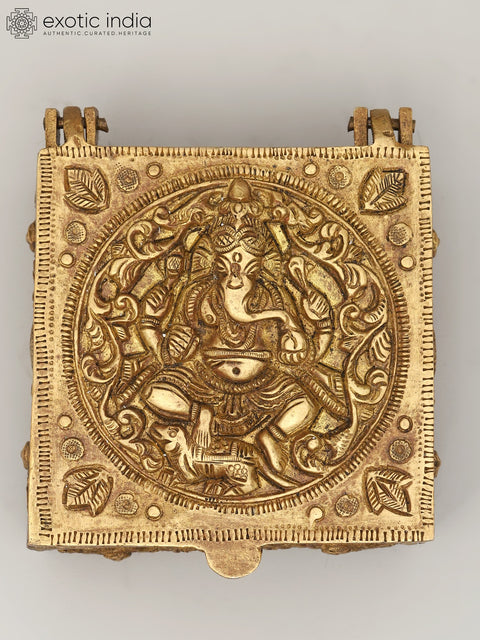 4" Small Brass Storage Box with Ganesha Carving on Top | Brass Ritual Item