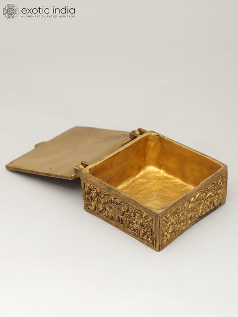 4" Small Brass Storage Box with Ganesha Carving on Top | Brass Ritual Item
