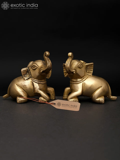 2" Small Seated Elephant Brass Statue - Set Of 2 | Brass Home Decor Item
