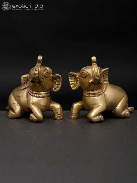2" Small Seated Elephant Brass Statue - Set Of 2 | Brass Home Decor Item