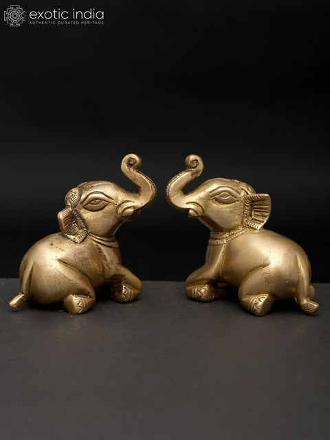 2" Small Seated Elephant Brass Statue - Set Of 2 | Brass Home Decor Item