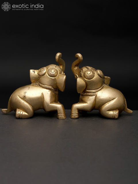 2" Small Seated Elephant Brass Statue - Set Of 2 | Brass Home Decor Item