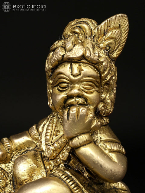 2" Small Sculpture of Little Krishna Eating Butter | Brass Figurine