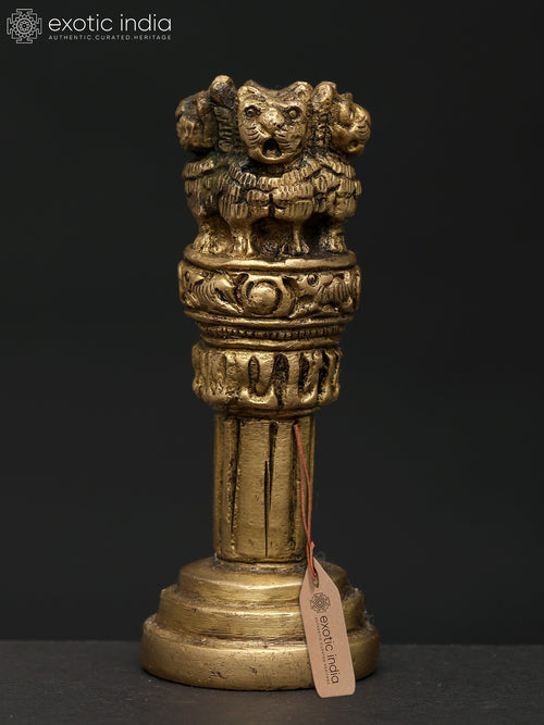 3" Ashoka Stambha Brass Statue - National Emblem Sculpture