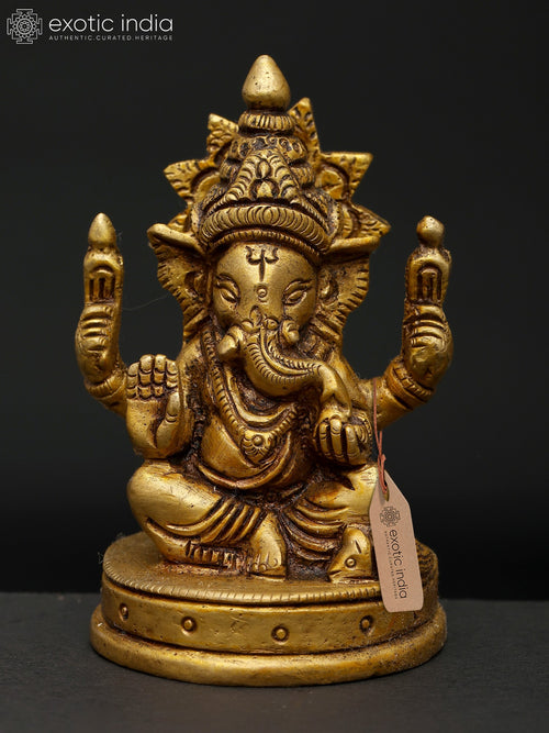 3" Seated Chaturbhuja Ganesha Brass Statue for Pooja and Gifting