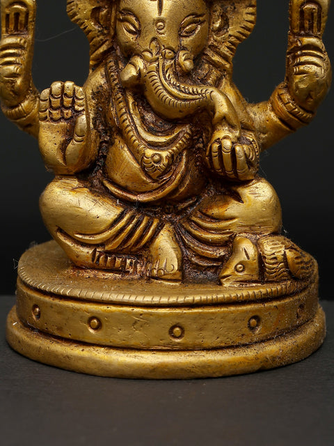 3" Chaturbhuja Lord Ganesha in Seated Posture | Brass Small Statue For Gifting