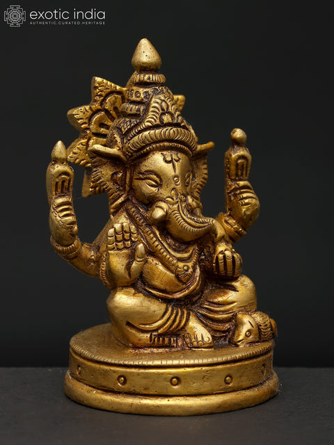 3" Chaturbhuja Lord Ganesha in Seated Posture | Brass Small Statue For Gifting