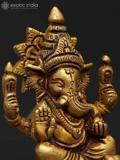 3" Chaturbhuja Lord Ganesha in Seated Posture | Brass Small Statue For Gifting