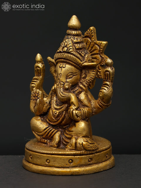 3" Chaturbhuja Lord Ganesha in Seated Posture | Brass Small Statue For Gifting