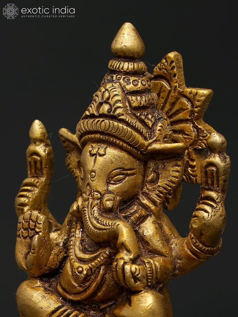 3" Chaturbhuja Lord Ganesha in Seated Posture | Brass Small Statue For Gifting