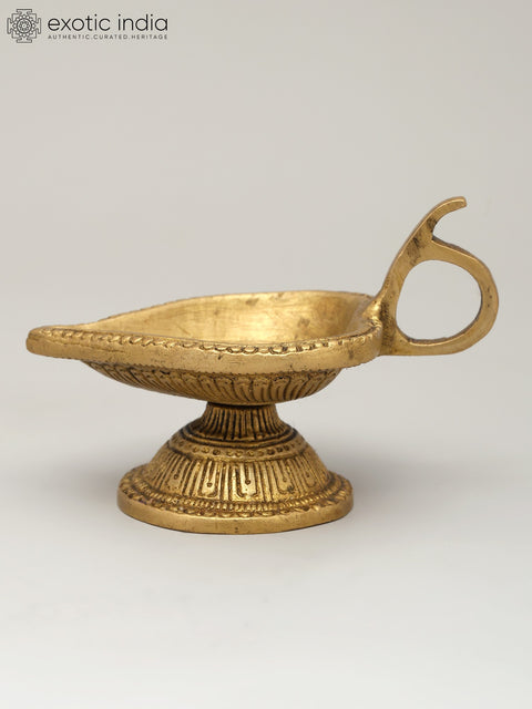 3" Small Handheld Ritual Brass Diya with Carvings