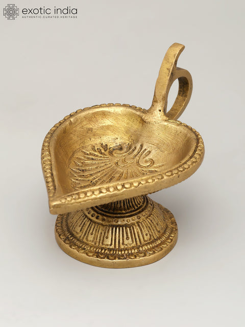 3" Small Handheld Ritual Brass Diya with Carvings