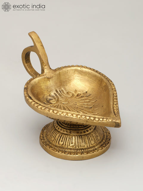 3" Small Handheld Ritual Brass Diya with Carvings