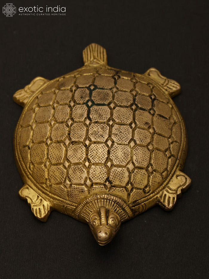 4" Vastu Tortoise Brass Statue with Carved Top