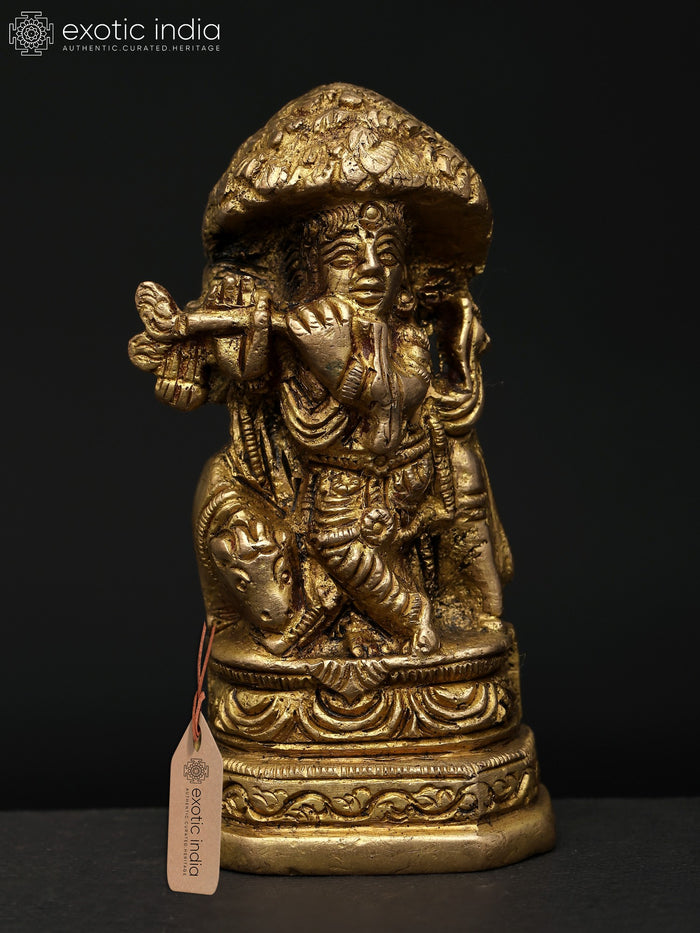 3" Small Brass Krishna Statue with Flute and Cow