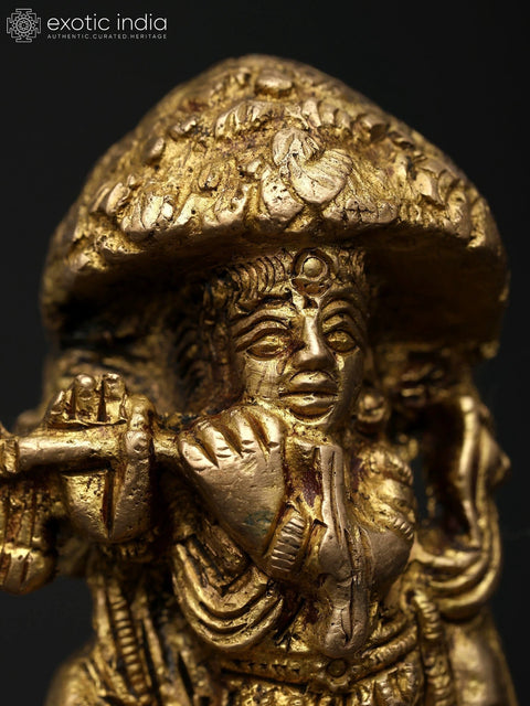 3" Small Brass Statue of Lord Krishna with Flute and Cow | Made In India