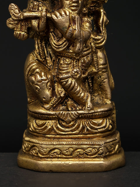 3" Small Brass Statue of Lord Krishna with Flute and Cow | Made In India
