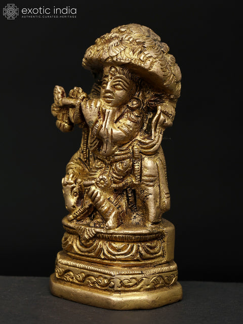 3" Small Brass Statue of Lord Krishna with Flute and Cow | Made In India