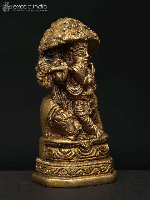 3" Small Brass Statue of Lord Krishna with Flute and Cow | Made In India