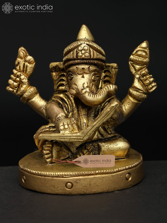 2" Small Four Handed Lord Ganesha Brass Statue for Pooja