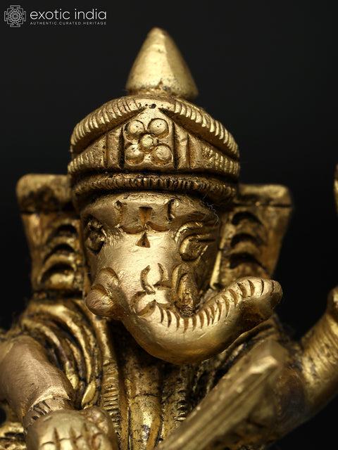 2" Small Four Handed Lord Ganesha Writing The Mahabharata | Brass Statue