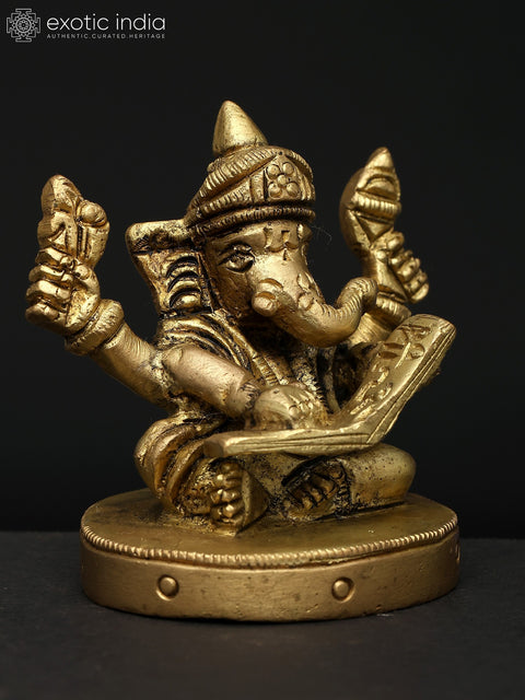 2" Small Four Handed Lord Ganesha Writing The Mahabharata | Brass Statue