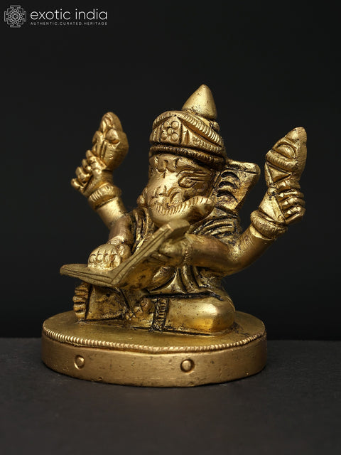 2" Small Four Handed Lord Ganesha Writing The Mahabharata | Brass Statue