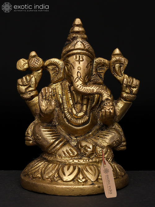 3" Small Chaturbhuja Ganesha Brass Statue for Pooja