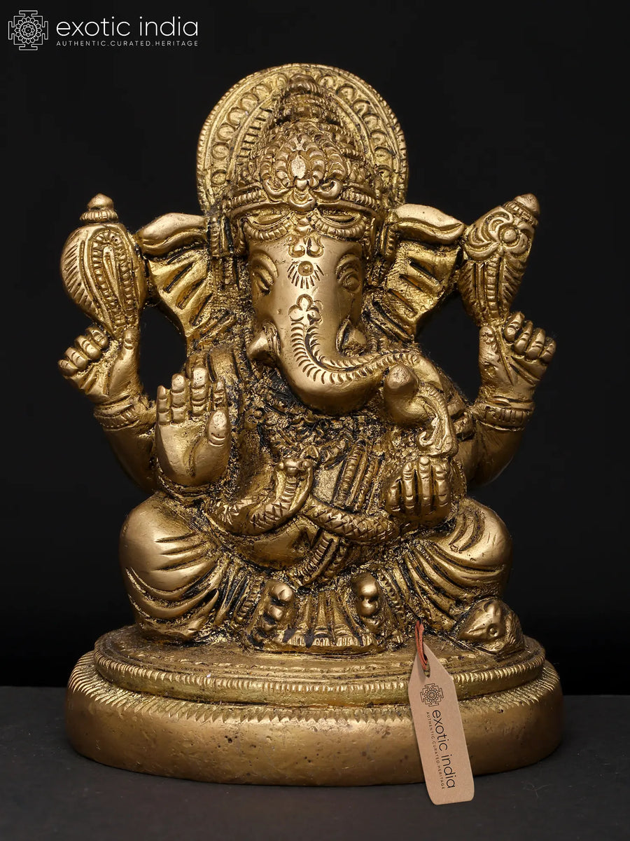 4" Four Armed Blessing Lord Ganesha Brass Idol for Pooja