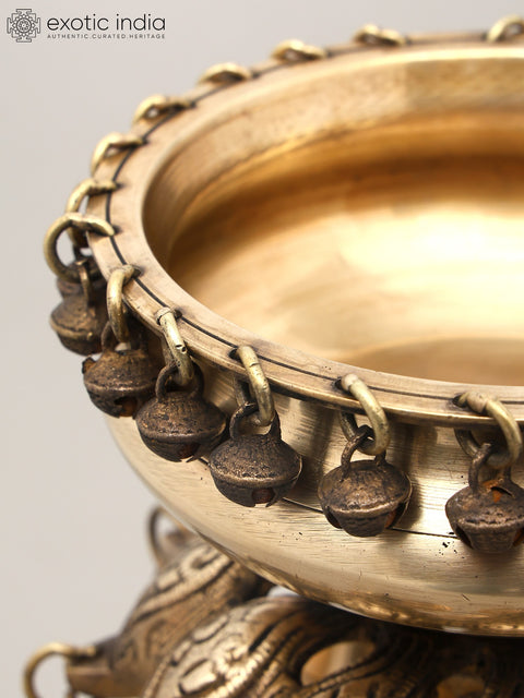16" Designer Standing Brass Urli with Bells | Home Decor