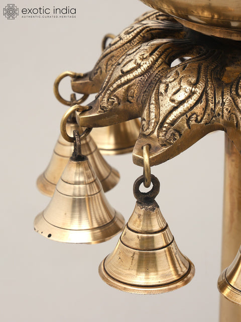 16" Designer Standing Brass Urli with Bells | Home Decor