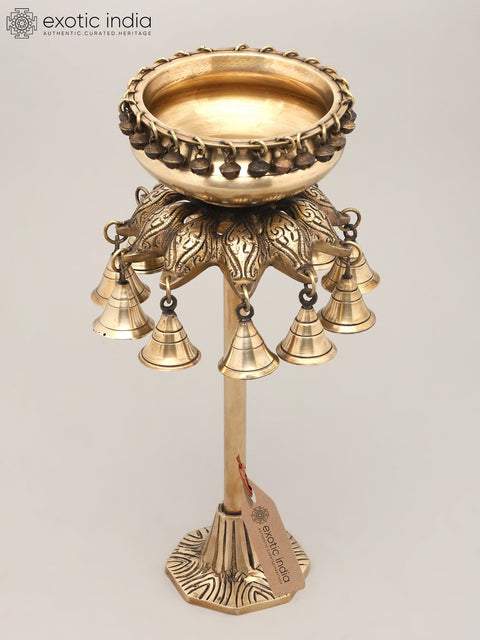 16" Designer Standing Brass Urli with Bells | Home Decor
