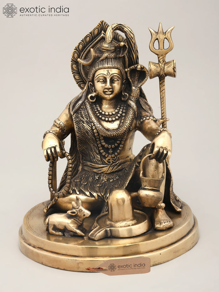 9" Sitting Lord Shiva with Shivalinga and Nandi Brass Statue